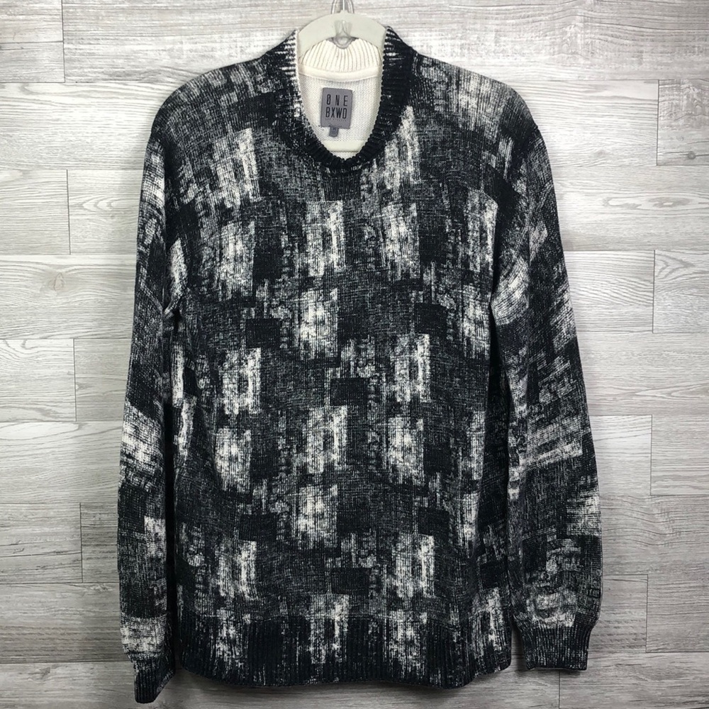 One Bxwd Designer Crew Sweater Black White Graphic  Medium Men’s Modern